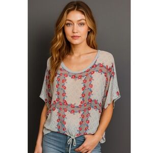 Language Lace Trim Floral Print Dolman Sleeve Top Shirt Boho Crochet Lightweight